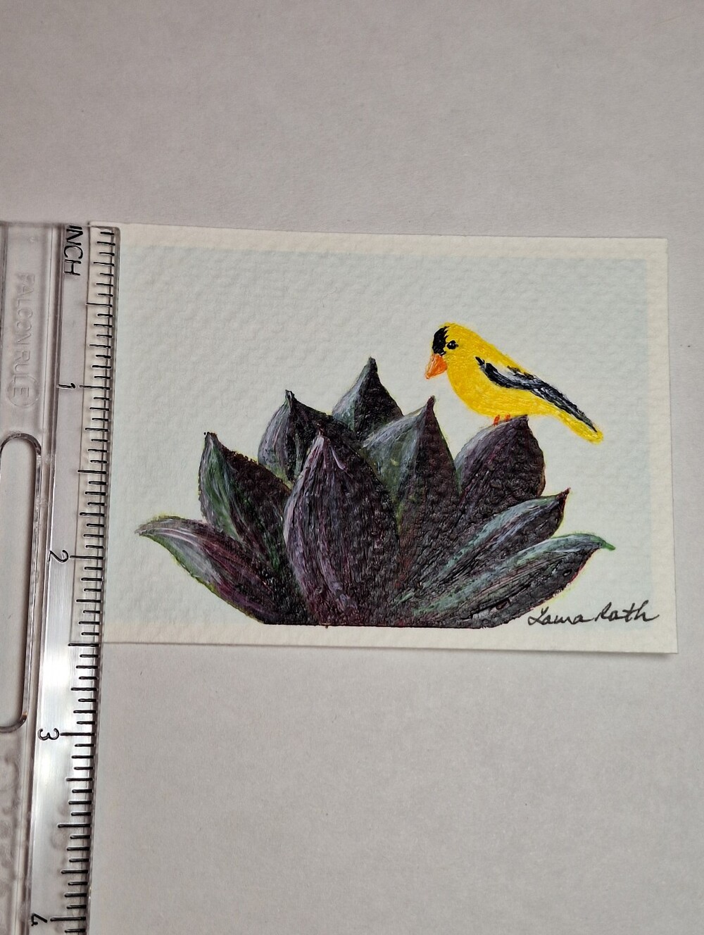 "Golden Perch" Hand-painted acrylic painting (Tiny original artwork!) - Picture 8 of 10